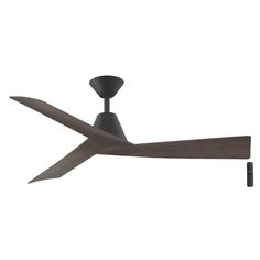 a ceiling fan that is on top of a white wall and has two blades attached to it