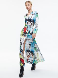 A+o X Basquiat Chassidy Maxi Shirt Dress In Confidential | Alice And Olivia Summer Dresses With Digital Print And Long Sleeves, Long Sleeve Digital Print Summer Dresses, Long Sleeve Summer Dresses With Digital Print, Long Sleeve Dresses With Digital Print For Summer, Maxi Shirts, Alice And Olivia, Maxi Shirt Dress, Leather Blazer, Alice Olivia