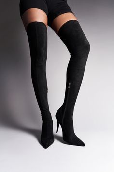 Luxury Fitted Ankle Heeled Boots, Trendy Fitted Suede Boots, Luxury Fitted High Heel Platform Boots, Luxury Fitted Platform Boots With Pointed Toe, Luxury Black Suede Knee-high Boots, Black Suede Luxury Knee-high Boots, Black Calf Hair Boots For Fall, Black Luxury Fitted Platform Boots, Luxury Black Platform Boots