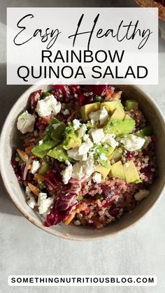 an easy healthy rainbow quinoa salad with avocado and feta cheese