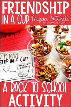 Friendship in a cup is the perfect back to school snack to make with your students. You can use the mini book provided and/or original poem to learn about the qualities of a good friend and to follow the directions to make this yummy snack. While you make it, you can read directions, work on teamwork and end up with something delicious. Your students can also predict, survey, graph, sequence and do a little math with their data. This would be great on the first day of school. Friendship In A Cup, Friendsgiving Snacks, Friendsgiving Activities, Preschool Friendship, Class Snacks, Friendship Recipe, Classroom Snacks, Snack To Make, Megan Mitchell