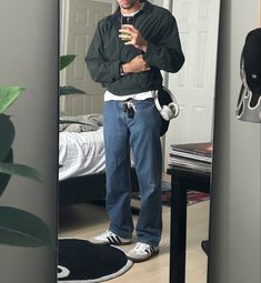 Recycled Outfit Inspo 80s Look Carhartt Blue Jeans Outfit, Fits With Sambas Men, Sambas Adidas Mens Outfit, Green Shirt Blue Jeans Outfit Men, Outfit Inspo Sneakers, Samba Style Men, Mens Sambas Fit, How To Style Adidas Samba Men, Adidas Sambas Men’s Outfit