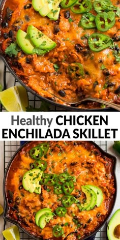 two images showing the same skillet with chicken enchilada and avocado