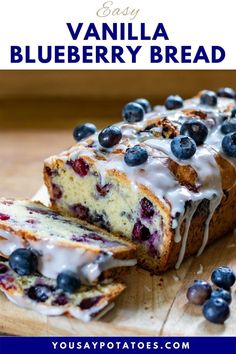 Sliced blueberry bread with vanilla drizzle. Blueberry Recipes Easy, Blueberry Loaf Cake, Blueberry Loaf Cakes, Blueberry Bread Recipe, Blueberry Loaf, Blueberry Breakfast Cake, Blueberry Cake Recipes, Blueberry Desserts