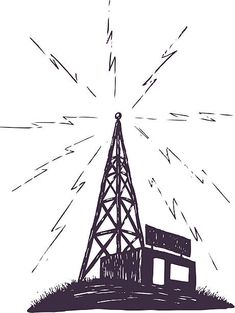 a black and white drawing of a radio tower