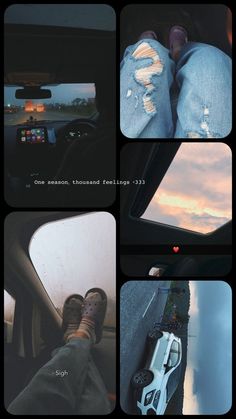 four different shots of someone's feet and their car