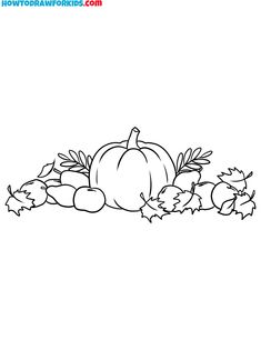 a black and white drawing of pumpkins, leaves and acorns on a white background