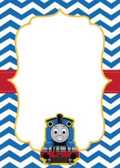 a thomas the train birthday card with chevrons and a red ribbon around it