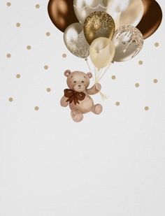 a teddy bear flying through the air with balloons