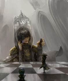 a young man sitting on top of a chess board