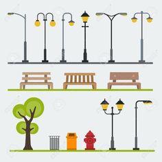 park benches and street lights in flat style with trees, fire hydrant and lampposts