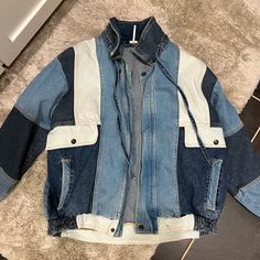 Free People Panel Denim Bomber Jacket Size Xs- Oversized Fit Worn Once, Perfect Condition Urban Recycled Denim Outerwear With Pockets, Free People Denim Jacket, Oversized Faded Denim Outerwear, Oversized Blue Recycled Denim Outerwear, Retro Pre-washed Denim Outerwear, Upcycled Denim Jacket, Denim Scraps, Free People Jacket, Free People Denim