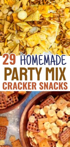 homemade party mix cracker snacks with text overlay