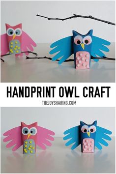 an owl craft made out of construction paper with the words handprint owl craft on it