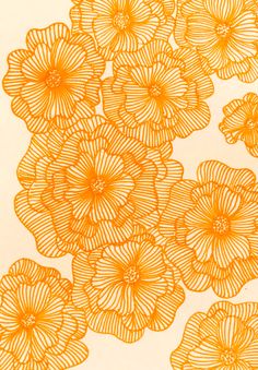 some yellow flowers are on a white paper with orange lines in the center and bottom