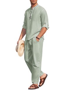 PRICES MAY VARY. 【PREMIUM COTTON FABRIC】-- Men's 2 piece cotton linen set are made of great fabric, lightweight, breathable and soft touch, moisture-wicking. This beach linen outfits signals the start of holiday! Make sure add this linen 2 piece outfits to your wardrobe for summer look. 【CASUAL 2 PIECE OUTFITS】-- Men's henley shirts featuring with stand collar, button closure, long sleeve with sleeve tabs, simple style, solid color, slim fit, rounded hem. The cotton beach pants features elastic Mens Loungewear Fashion, Beach Linen Outfit, Summer Yoga Outfit, Mens Linen Outfits, Linen Outfits, Linen Outfit, Vacation Clothing