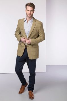 Men's Yellow Tweed Jacket | Men's Tweed Blazer UK | Rydale Fine Knit Sweater, Crisp White Shirt, Red Interiors, White Shirt