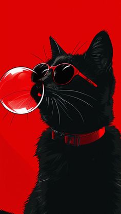 a black cat wearing sunglasses and holding a red object in it's mouth on a red background