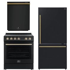 an oven, refrigerator and dishwasher are shown in three different positions on a white background