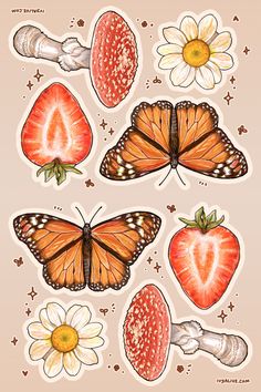 butterflies and strawberries stickers on a pink background