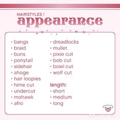 hairstyles and appearance chart for girls with different hair types in pink, white and red