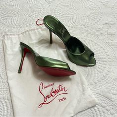 Christian Louboutin Me Dolly 100 Mule Slide Heel Leather Verlaine Green Size 38.5 Approx Us 7.5 Excellent Preowned Condition Comes With Dust Bag, No Box Features - Absolutely Gorgeous And Classic In A Show Stopping Verlaine Green Color, Nappa Laminata Calfskin Leather, Slip On Mule Heel, 100mm Heel, Made In Italy, Designer, Mob Wife, Office Siren, Red Bottom, Rare Color Christian Louboutin Dolly, Luxury Green Heels For Cocktail, Luxury Green Heels For Evening, Louboutin Me Dolly, Mule Heel, Mob Wife, Red Bottom, Office Siren, Slip On Mules