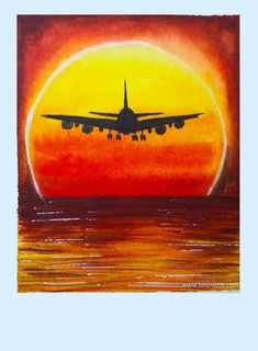 an airplane is flying over the ocean at sunset with watercolors on paper, and it appears to be in color