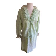 Vintage 60s 70s Lace Ruffle Women's Mint Pastel Green Skirt Suit Set Co-Ord 2pc Excellent Pre-Owned, Vintage Condition - Only Flaw To Note Is There Is A Tiny Rust Spot On Left Sleeve Ruffle, I Haven't Tried Anything To Get It Out - Please See Photos For Further Details And Measurements Color In Photos Are Showing A Bit More Muted Than In Real Life- See Picture With Size Tag, That Is More In Line With The Correct Hue! Keywords: Womens Vtg Retro Padded Skirts Sets Pencil Collarless Ooak Classic Wear To Work Church Secretary Lace Print Printed Pattern Patterned Statement 2pc 1960s 1970s Bundles Coordinating Outfits Vintage Glam Preppy Pastel Union Label Vintage White Summer Sets, Vintage White Sets For Summer, Vintage Summer Formal Sets, Vintage Formal Summer Sets, Vintage Formal Sets For Summer, Retro Spring Daywear Sets, Vintage Sets For Spring Daywear, Fitted Sets With Ruffles For Daywear, Vintage Long Sleeve Spring Sets