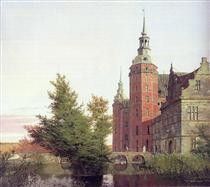 a painting of a castle with trees in the foreground and water on the other side