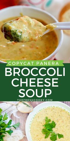 Long pin with two images, top image of paper carton of broccoli cheese soup and bottom image top down shot of broccoli cheese soup, copycat Panera. Broccoli Cheese Soup Panera, Panera Bread Copycat, Panera Broccoli Cheese Soup, Oatmeal Dinner, Freezer Soups, Broccoli Cheese Soup Recipe, Panera Copycat, Cream Based Soups