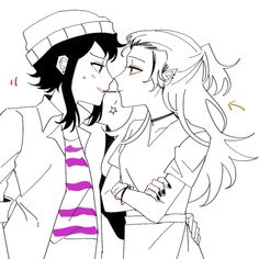 two people are kissing each other while one is wearing a hat and the other has a striped shirt