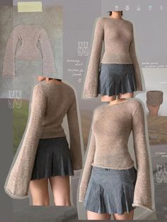 an image of a woman wearing a sweater and pleated skirt in three different views