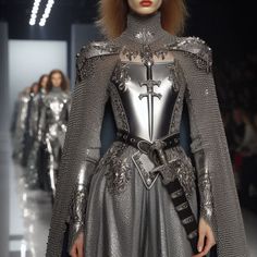 AI generated- silver armour dress- 90s fashion Suit Of Armor Aesthetic, Shoulder Armour Diy, Medieval High Fashion, Armor Dress Aesthetic, Queen Armor Dress, Knight Wedding Dress, Armour Wedding Dress, Princess Knight Outfit