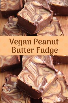 vegan peanut butter fudge on a wooden cutting board with the words, vegan peanut butter fudge