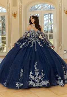 Quncie Dresses With Sleeves, Quince Dresses With Puffy Sleeves, Quncie Dresses Navy Blue, Sweet 16 Dresses Blue Royal, Royal Blue Gown For Debut, Navy Blue Quince Dress With Silver, Metallic Dark Blue Quince Dress, Dusty Blue Quince Dress, Celestial Quinceanera Dress