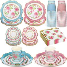 an assortment of pink and blue plates, cups, and saucers with matching napkins