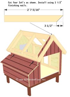 a wooden dog house with measurements for the roof