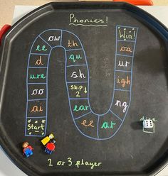 a child's chalk board with writing on it and magnets in the shape of a letter