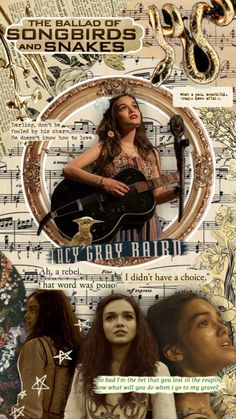 a collage of various images with words and pictures on the bottom, including an image of a woman holding a guitar