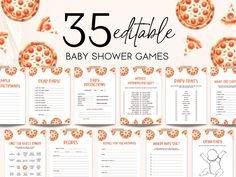 the baby shower game is filled with pizzas and other things to eat for their little ones