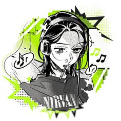 a girl with headphones and music notes around her neck, in front of an abstract background