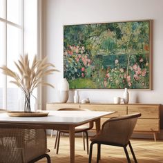 a painting hanging on the wall above a dining room table with chairs and vases