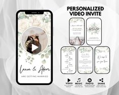 the wedding video is displayed on an iphone screen with white roses and greenery around it