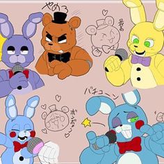 four cartoon rabbits with different facial expressions on their faces, one wearing a bow tie and the other singing into a microphone