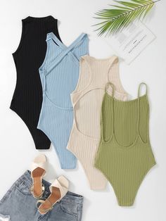 Multicolor Sexy  Sleeveless Polyester Plain Cami,Tank Embellished Slight Stretch Summer Women Jumpsuits & Bodysuits Cute Bodysuits, Chic Evening Dress, Body Outfit, Cute Comfy Outfits, Casual Winter Outfits, Lookbook Outfits, Womens Bodysuit