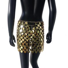 Metal sequin mini skirt. The size is adjustable. SIZE Waist Skirt length Hip 23.62-29.92 12.99 27.56-33.46 Summer Club Skirt With Sequins, Metallic Mini Skirt For Summer, Disco Mini Skirt For Festivals, Metallic Sequined Mini Skirt, Glamorous Mini Skirt For Festival, Summer Metallic Sequin Skirt, Sequin Mini Skirt For Club, Metallic Sequin Mini Skirt For Party Season, Metallic Mini Skirt For Summer Club