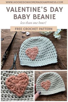 a crocheted hat with two hearts on it and the words valentine's day baby