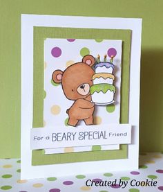 a card with a teddy bear holding a birthday cake on it's side and the words, for a beary special friend