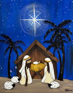 two baby jesus in the manger scene with three sheeps and a star above them