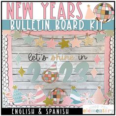 the new years bulletin board kit is in english and spanish